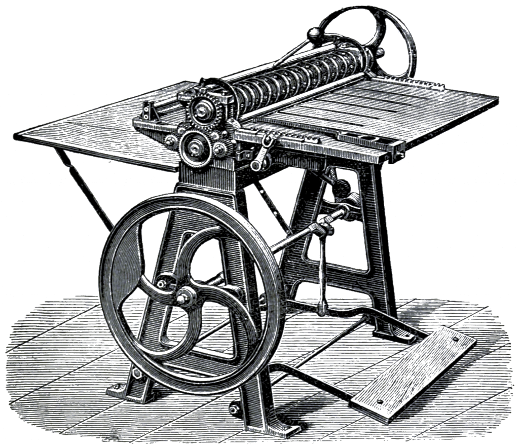 Illustration of a rotary card cutting and scoring machine from an 1889 advert for "Oscar Friedheim Ltd."
